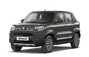 Suzuki S-Presso warna abu-abu metalik, tampak depan-samping, terparkir di luar ruangan.