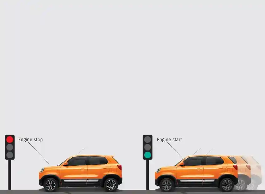 Interior Suzuki S-Presso dengan tombol start/stop mesin dan fitur keselamatan.