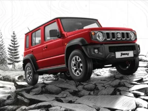 Suzuki Jimny putih dengan desain kotak ikonik, diparkir di luar ruangan.